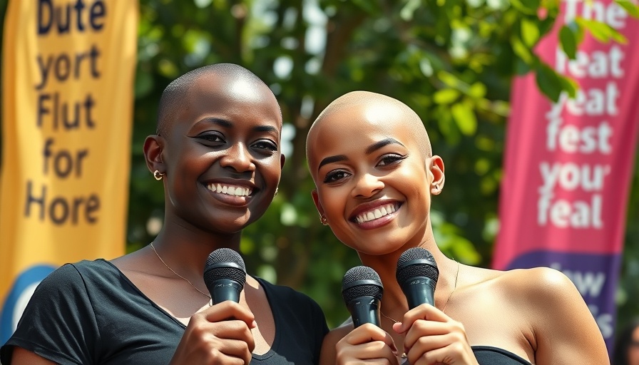 Two women with shaved heads smiling outdoors, with banners in the background.