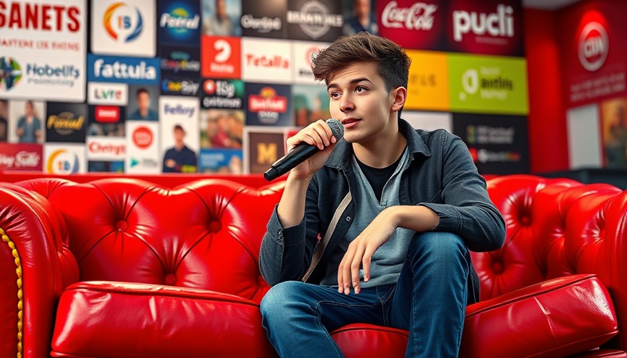 Young person engaging audience with microphone on red couch.