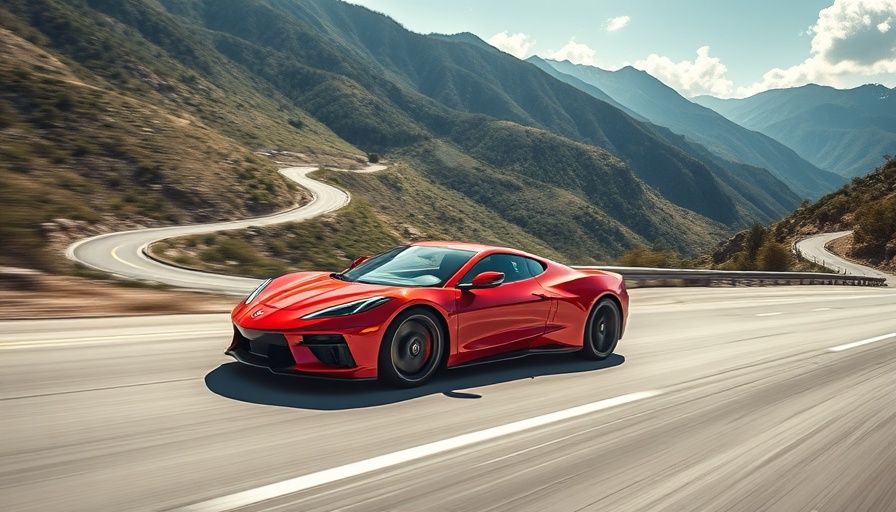 Red sports car drifting on scenic mountain road, AI video consumption
