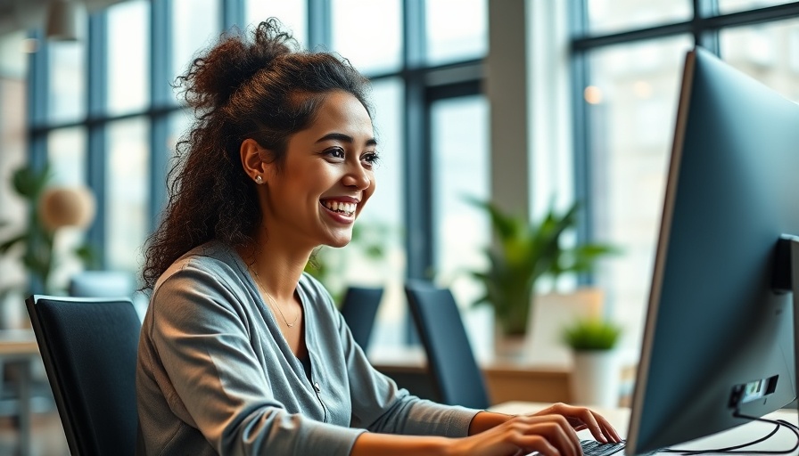 Woman using AI content creation tools in modern office