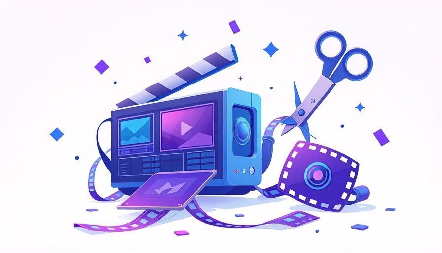 Illustration of AI video editing with film strips and AI chip in 2025