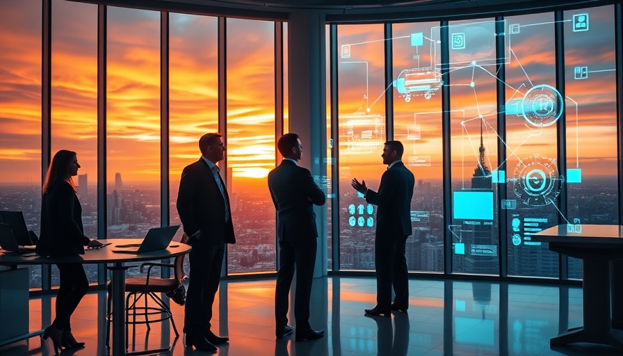 Professionals using AI holograms in modern office at sunset