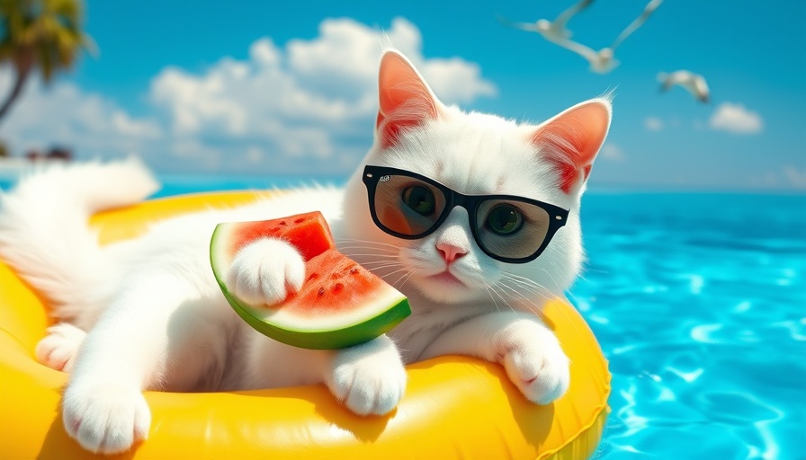 Whimsical white cat in sunglasses floating on pool, ideal for engagement ideas for Instagram.