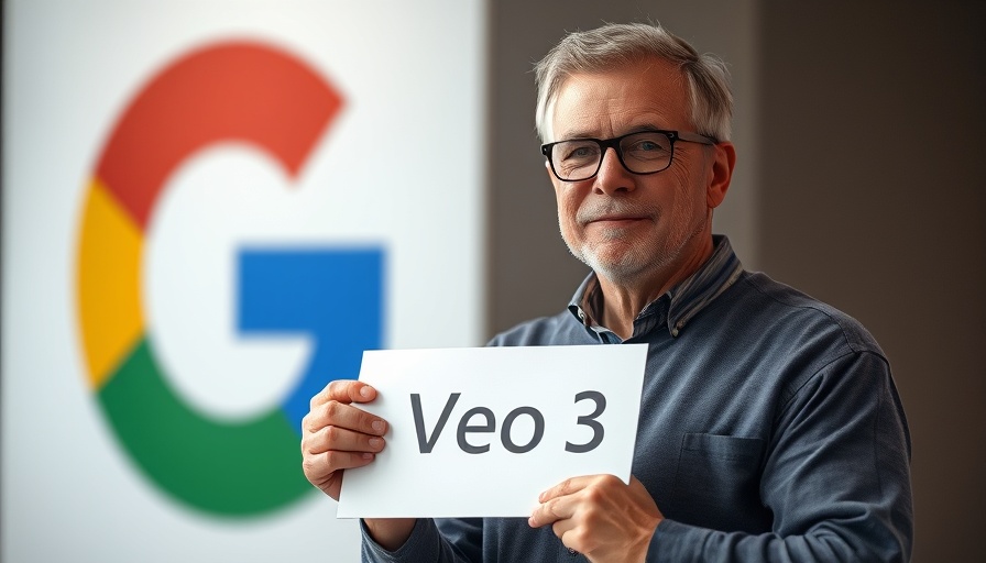 Middle-aged man holding 'VEO 3' sign in front of Google logo.