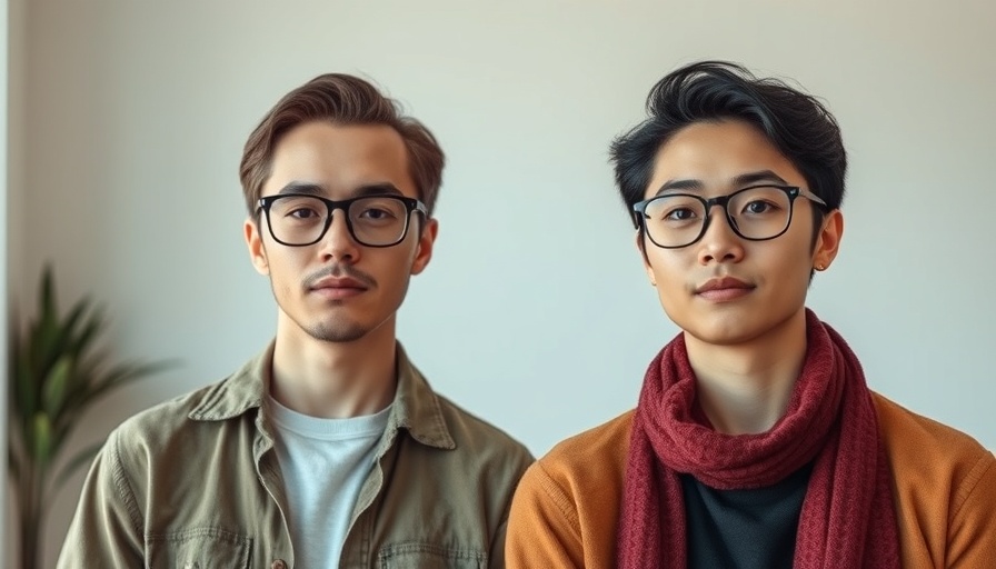 Casually dressed duo discussing AI search engine for video content in a neutral setting.