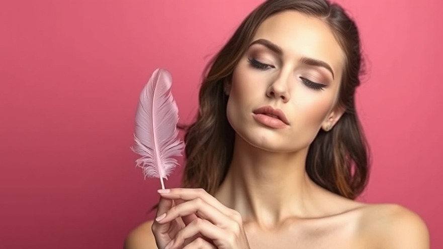 Elegant woman with butterfly skin fragility, holding a soft pink feather.