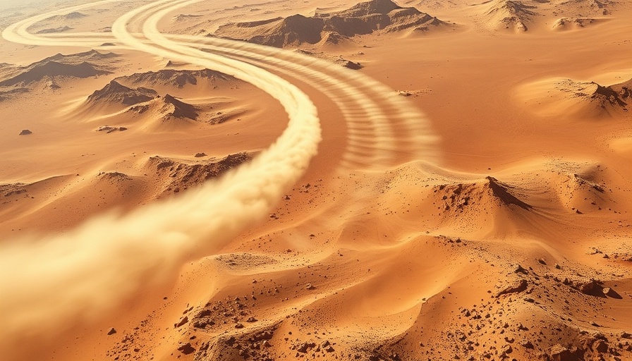 Mars dust devils creating swirling trails on the Martian surface.