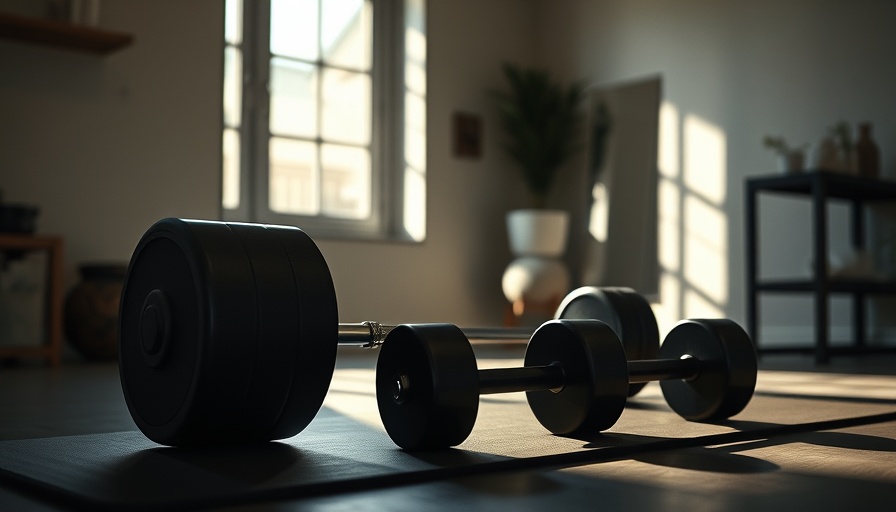 Shadow-lit home gym with barbell and dumbbells for strength training