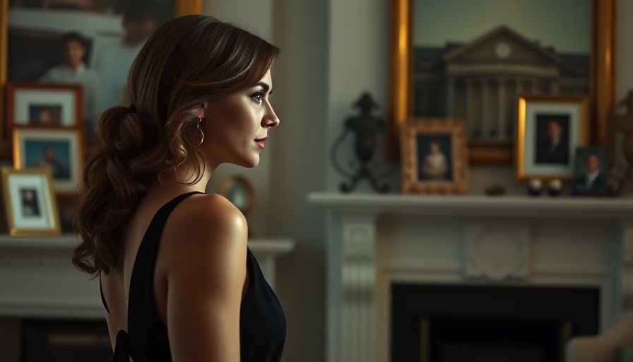 Contemplative woman in room with framed family photos.