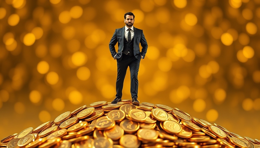 Digital Gilded Age tech titan standing on gold coins in a golden glow.