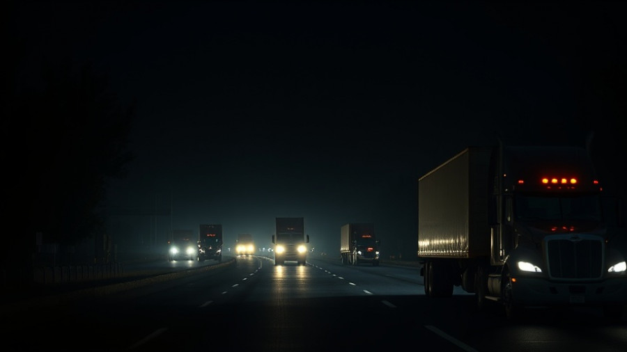 Trucks stuck at Kazakhstan border at night with headlights on.