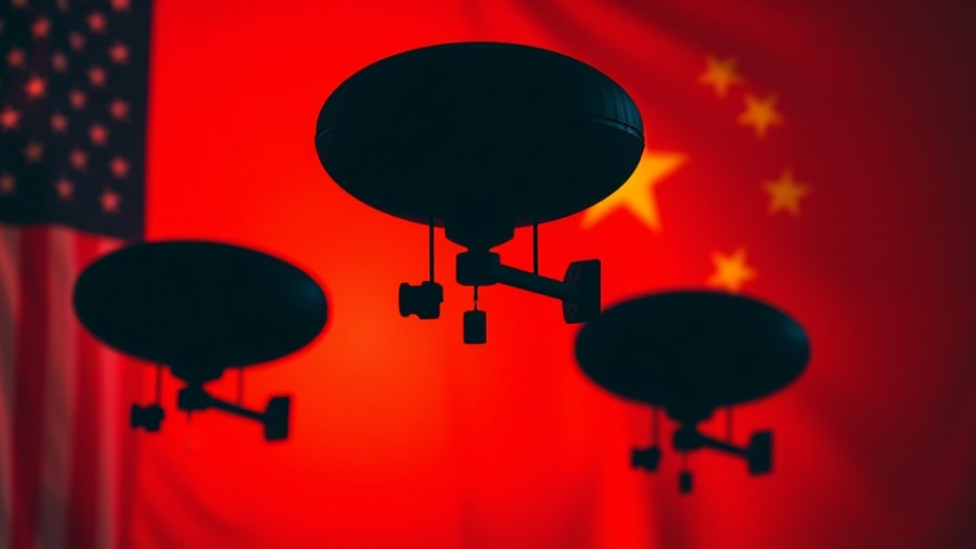 Silhouetted balloons with U.S. and China flags, representing surveillance.