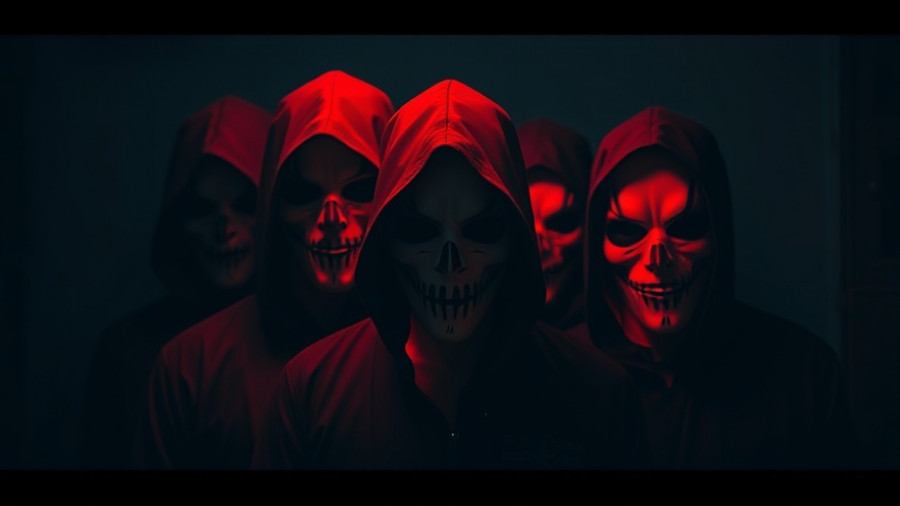 Masked individuals in dramatic lighting and shadow.