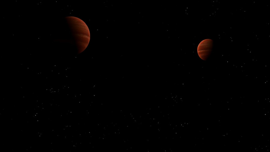 Dimly lit red celestial objects in space environment