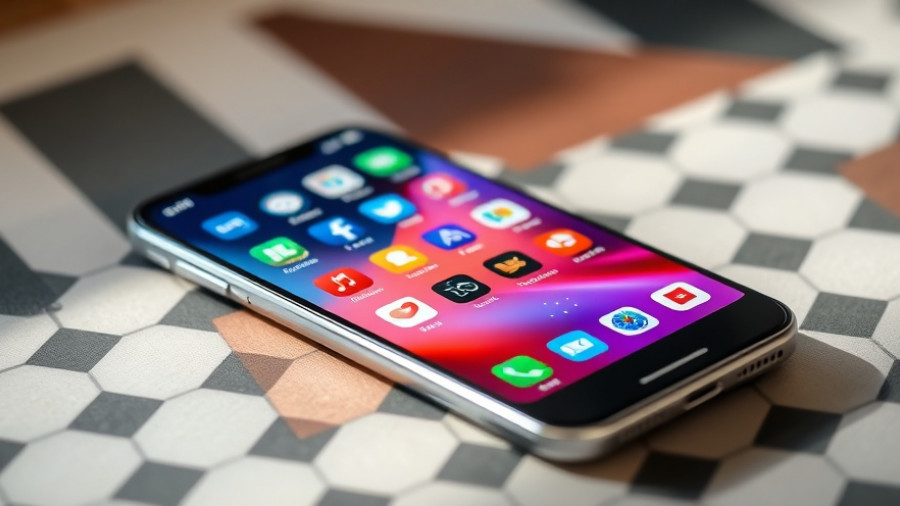Modern smartphone displaying apps on checkered surface, consumer technology.