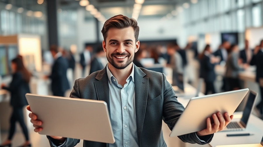 Confident man presenting consumer technology in bright tech exhibition.