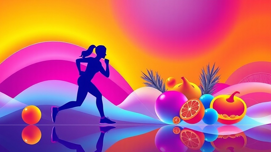 Futuristic digital art of vibrant exercise and nutrition for fitness goals