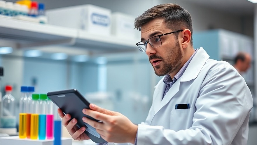 Lab scientist surprised by supplement quality test results on a tablet, showcasing consumer transparency.