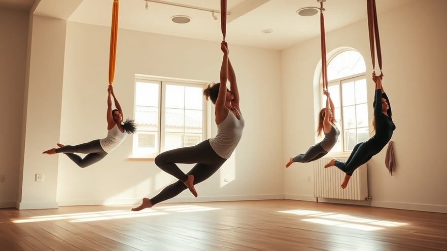 Women practicing anti-gravity yoga in a serene, bright studio for stress relief.