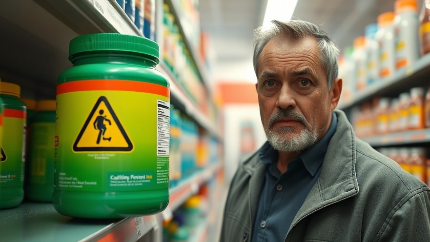 Concerned man near glyphosate safety product, store shelf with caution symbol.