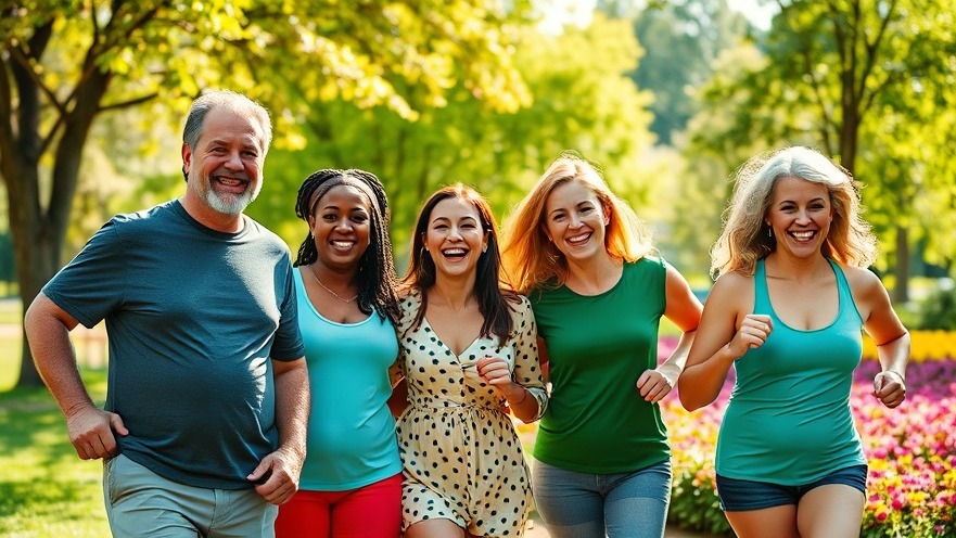 Diverse group celebrating weight loss and health choices in a vibrant park.