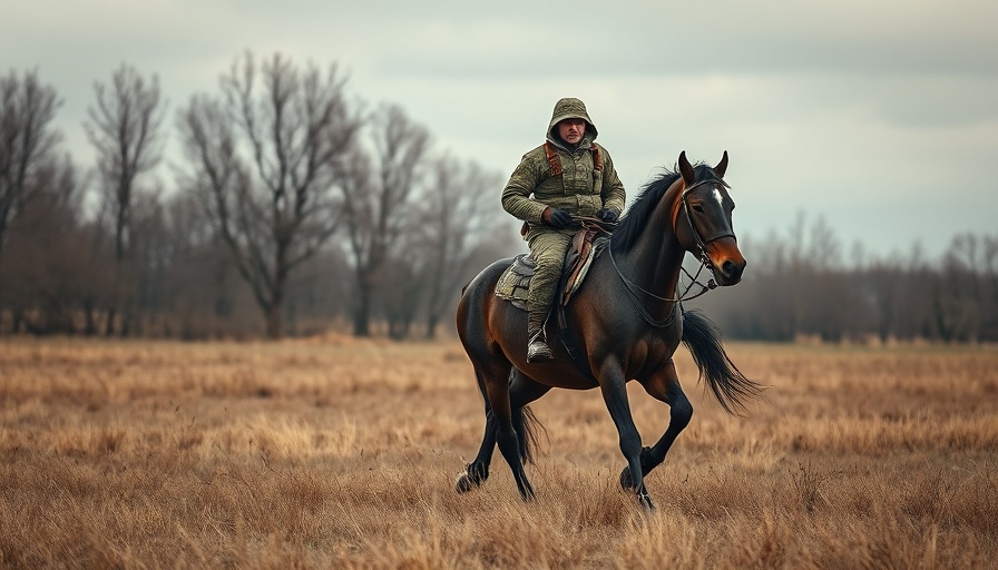 Russian troops on horseback in barren landscape.