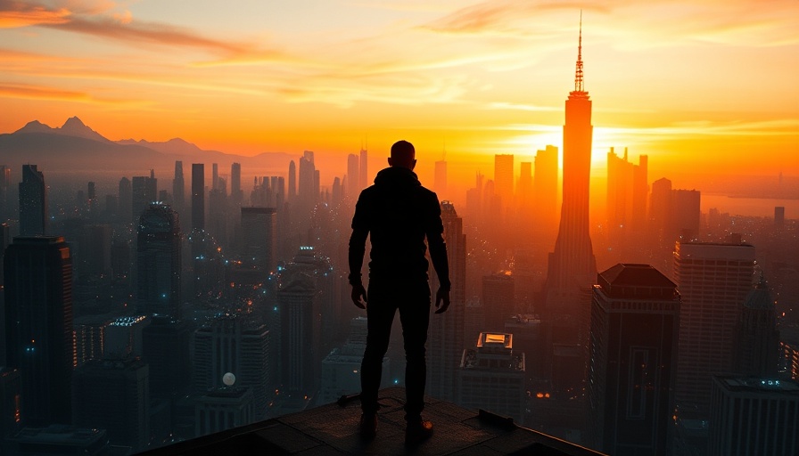 DeepSeek AI futuristic cityscape at sunset with silhouette.