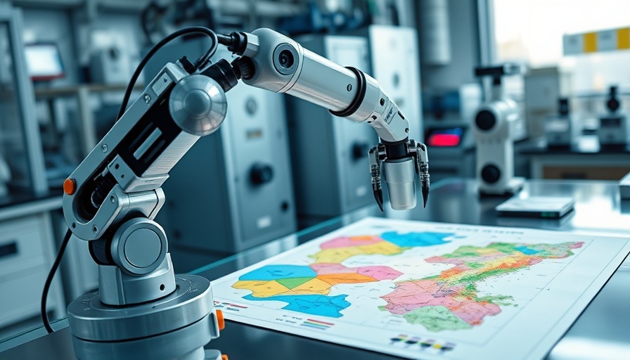 AI in space exploration with robotic arm and colorful map.
