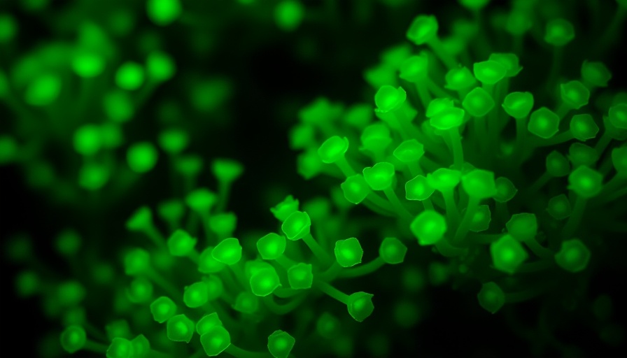 Bioluminescent algae under a microscope, highlighting protein production.