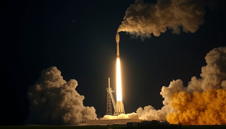 SpaceX Falcon 9 rocket launches Starlink satellites at night, dramatic scene.
