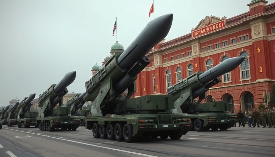 Space Missiles Nuclear Defense parade in historical setting, overcast lighting.