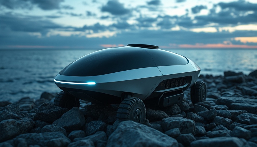 Advanced autonomous underwater robot on rocky shore at twilight.