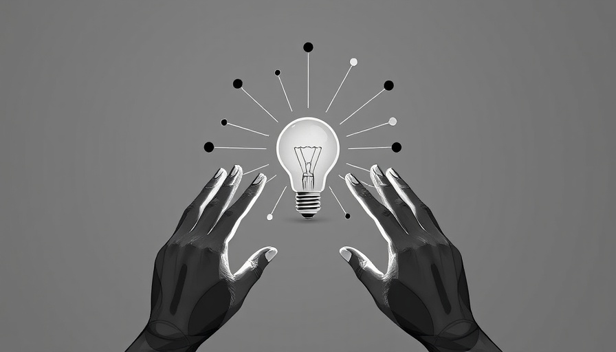 Abstract illustration of innovation in AI in UX Research with a light bulb and hands.