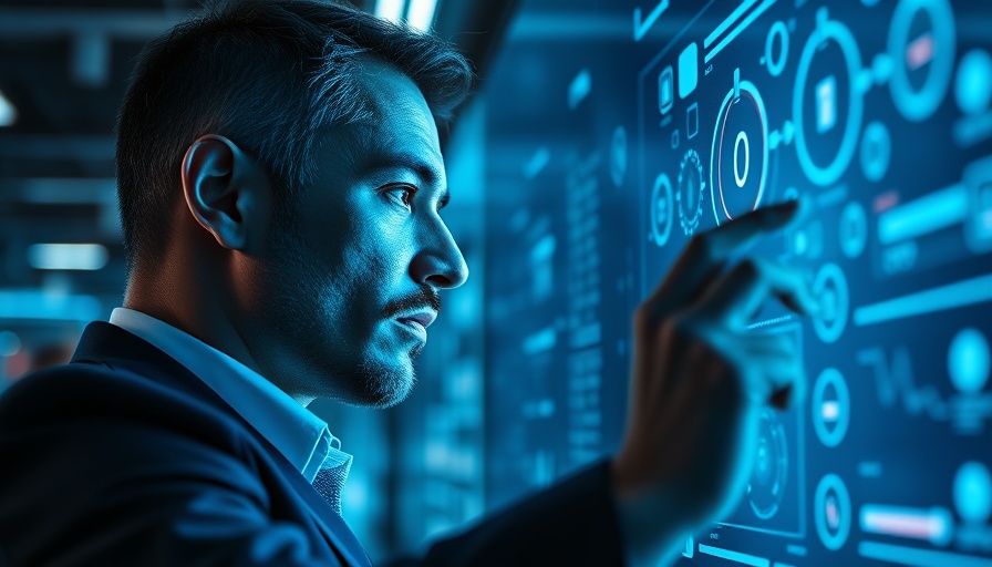 Businessman analyzes AI interface, depicting challenges in AI and intelligent operations.