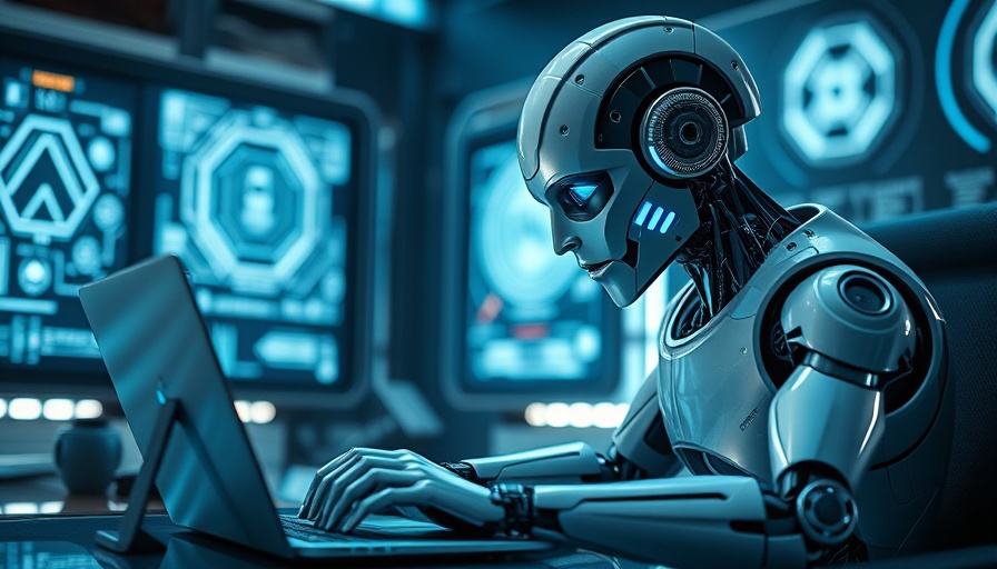 AI agent platforms 2025: humanoid robot using laptop in high-tech setting.