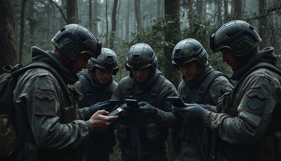 Soldiers in a dark forest checking phones, highlighting Signal QR Code Phishing Attack concerns.