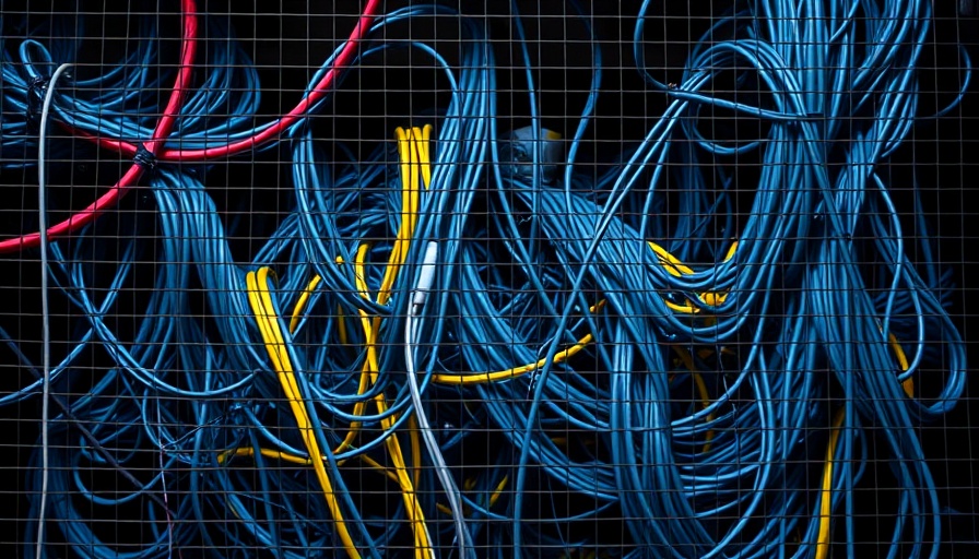 Entangled network cables behind mesh screen, cybersecurity concept.
