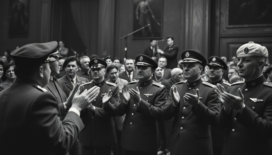 Vintage military gathering with clapping figures in monochrome style.