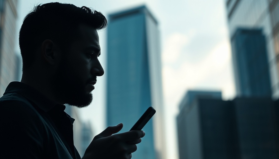 Silhouette of man using DeepSeek app, urban backdrop.