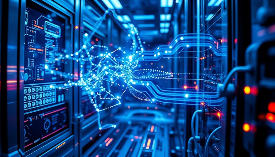Futuristic digital display of quantum computing.