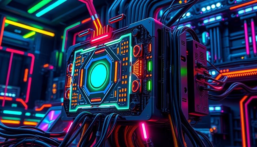 Futuristic quantum computer with glowing wires in a digital setting.