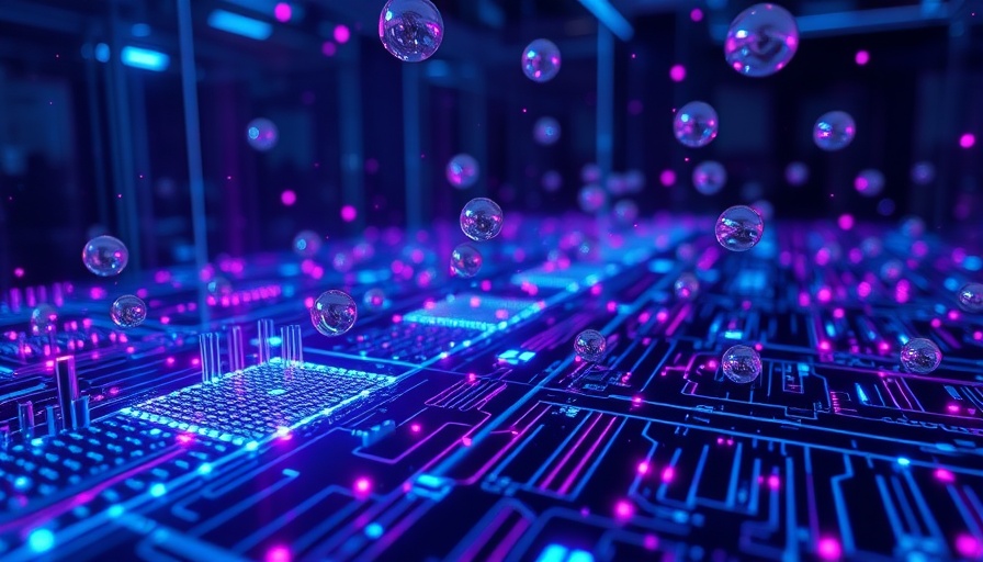 Futuristic depiction of quantum computing with circuits and particles.