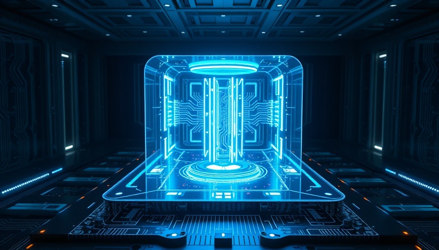 Futuristic quantum computer with glowing blue light.