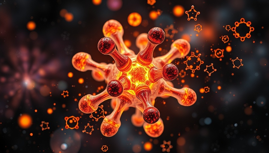 Abstract atomic nuclei shapes in cosmic background, vibrant colors.