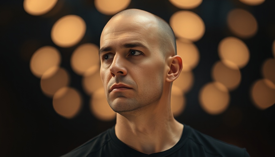 Serious bald man in black shirt with bokeh background.