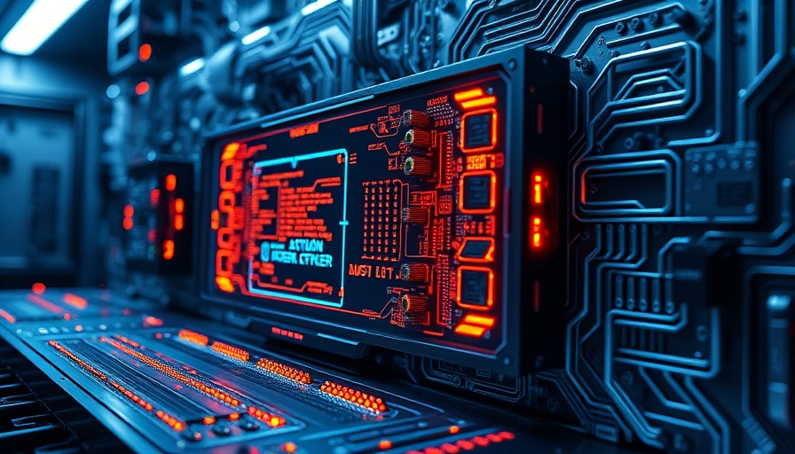 Futuristic quantum computing display with glowing circuits.