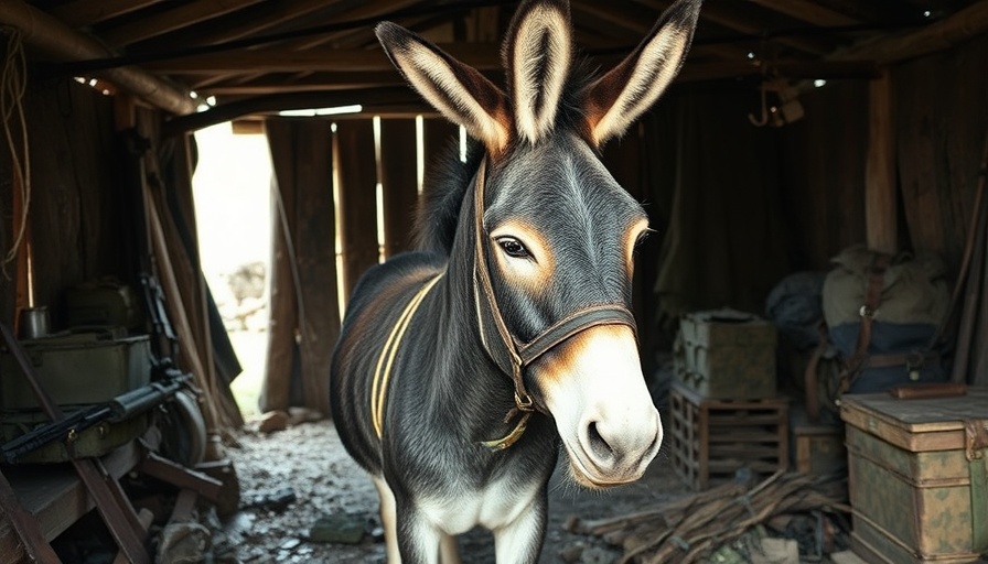 Donkey in a rustic shed with military supplies, Russia.