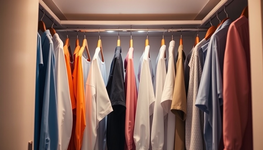 Organized closet with shirts and battery LED light.