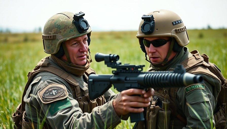 Soldier using short-range air defense system in a grassy field.