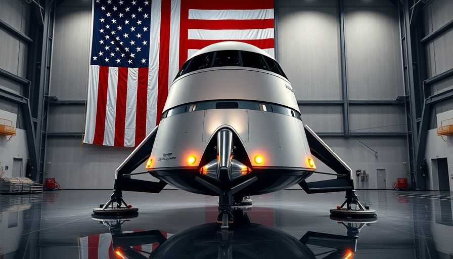 Intuitive Machines lunar lander in a hangar with a large American flag.